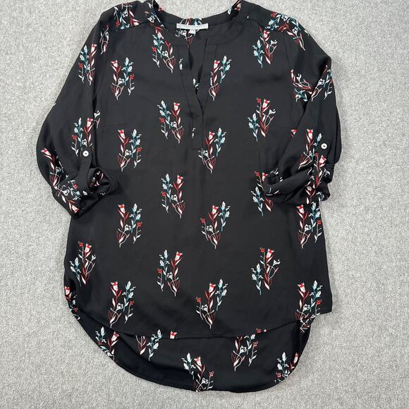 Daniel Rainn Black Floral Tunic Blouse Women's Medium 3/4 Sleeve V-Neck Sheer - Picture 1 of 7